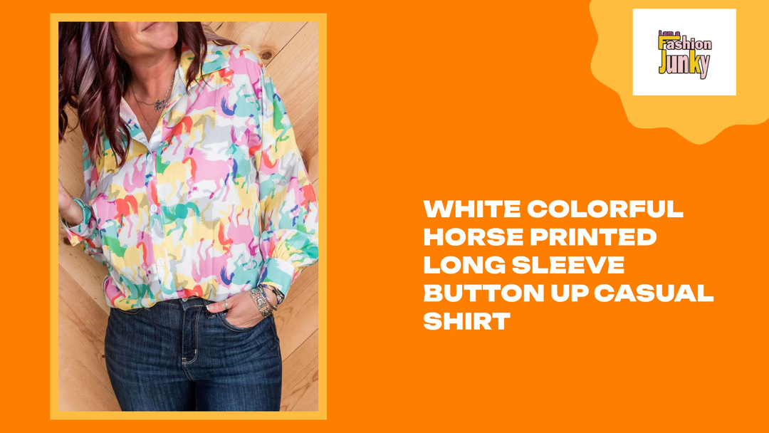 White Colorful Horse Printed Long Sleeve Button Up Casual Shirt by@Outfy