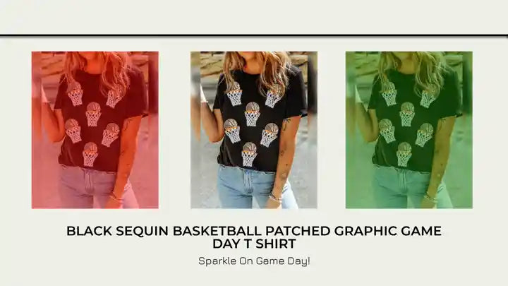 Black Sequin Basketball Patched Graphic Game Day T Shirt by@Outfy