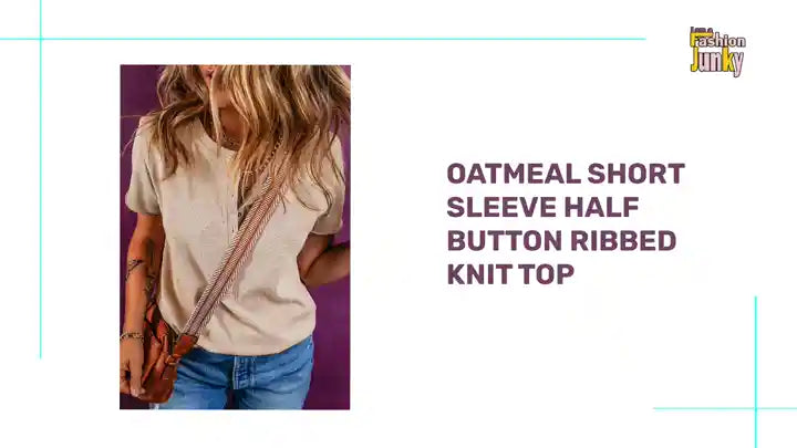 Oatmeal Short Sleeve Half Button Ribbed Knit Top by@Outfy