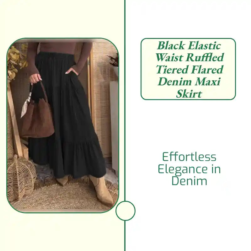Black Elastic Waist Ruffled Tiered Flared Denim Maxi Skirt by@Outfy