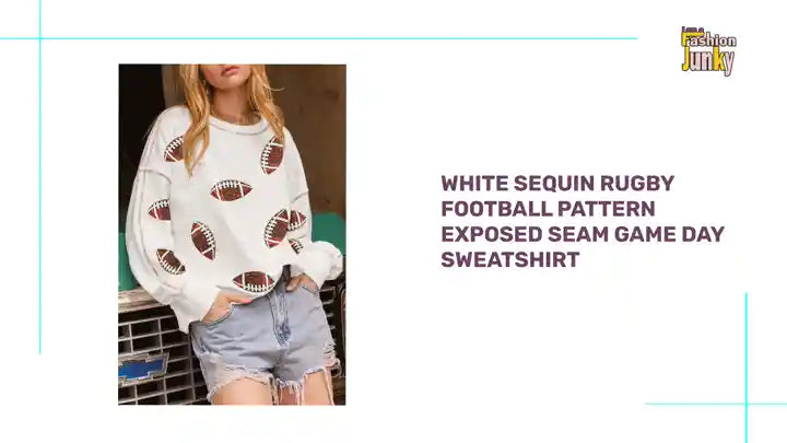 White Sequin Rugby Football Pattern Exposed Seam Game Day Sweatshirt by@Outfy