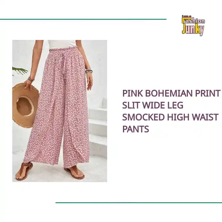 Pink Bohemian Print Slit Wide Leg Smocked High Waist Pants by@Outfy