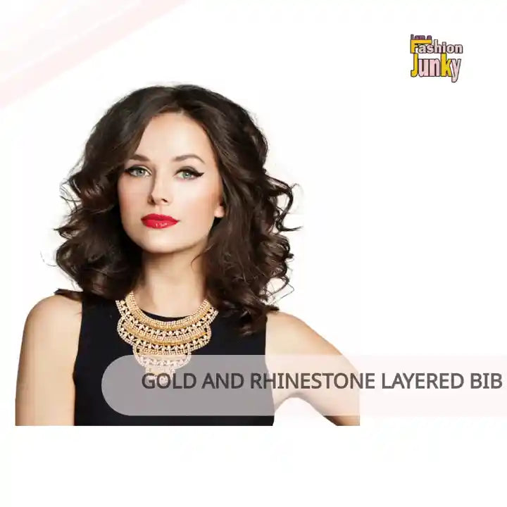 Gold and Rhinestone Layered Bib Necklace Set by@Outfy