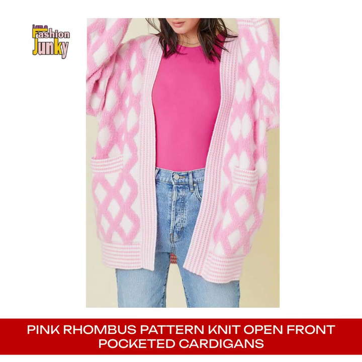 Pink Rhombus Pattern Knit Open Front Pocketed Cardigans by@Outfy