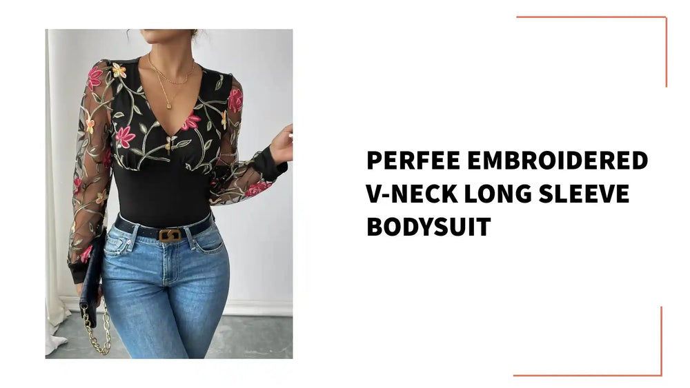 Perfee Embroidered V-Neck Long Sleeve Bodysuit by@Outfy