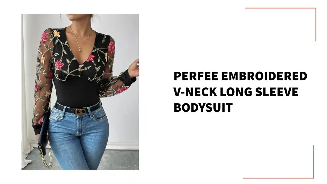 Perfee Embroidered V-Neck Long Sleeve Bodysuit by@Outfy