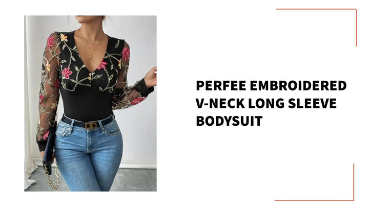 Perfee Embroidered V-Neck Long Sleeve Bodysuit by@Outfy