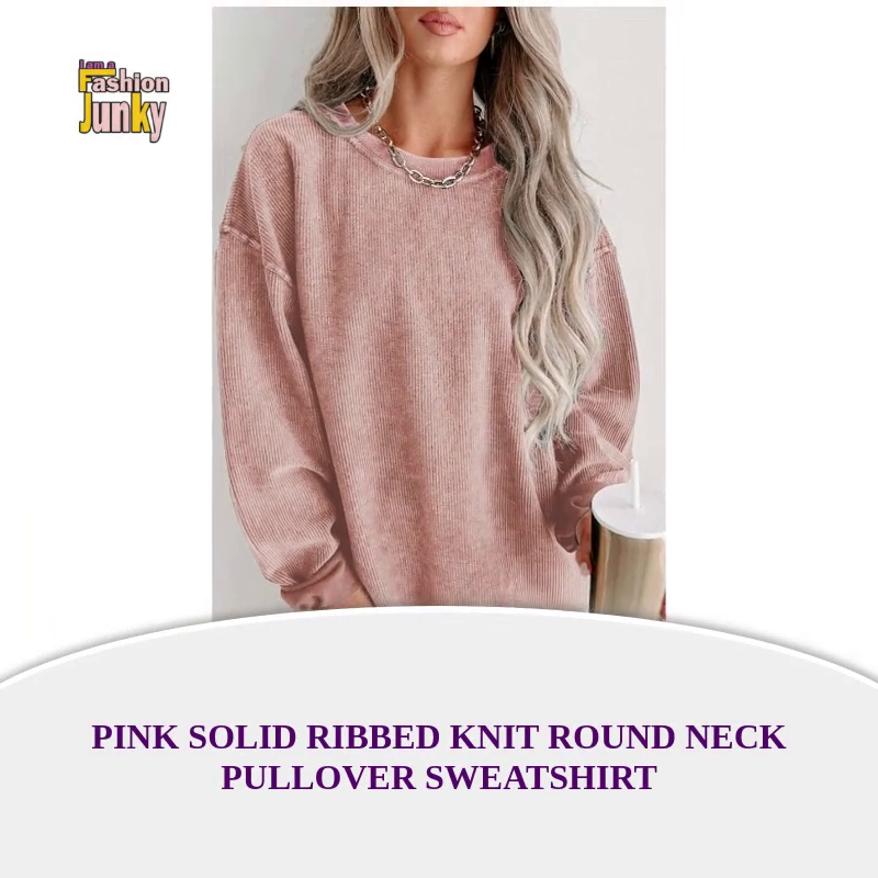 Pink Solid Ribbed Knit Round Neck Pullover Sweatshirt by@Outfy