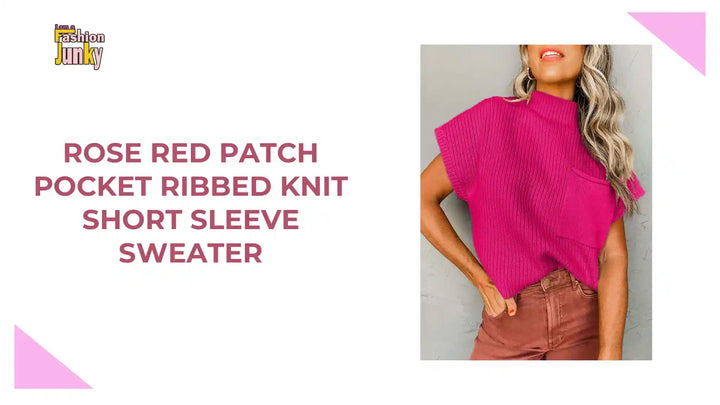 Rose Red Patch Pocket Ribbed Knit Short Sleeve Sweater by@Outfy