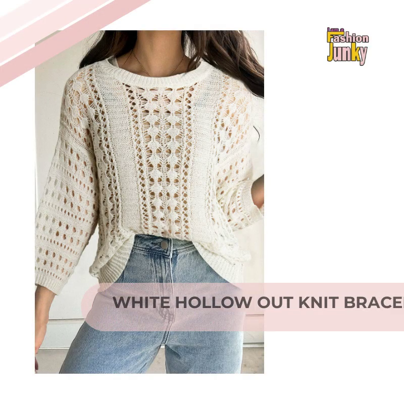 White Hollow Out Knit Bracelet Sleeve Drop Shoulder Sweater by@Outfy