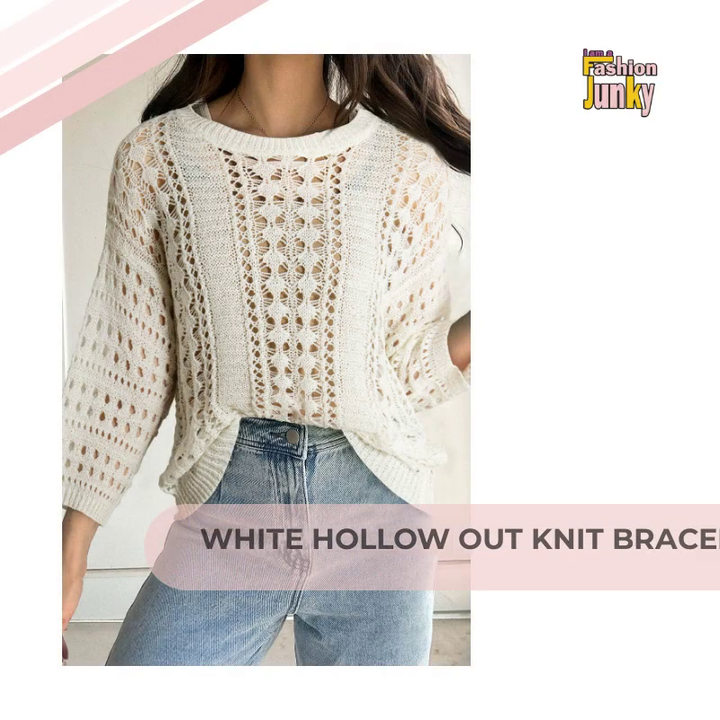 White Hollow Out Knit Bracelet Sleeve Drop Shoulder Sweater by@Outfy
