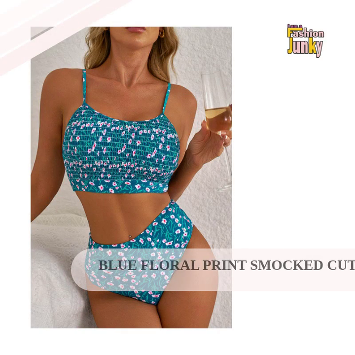 Blue Floral Print Smocked Cute Bikini Set by@Outfy
