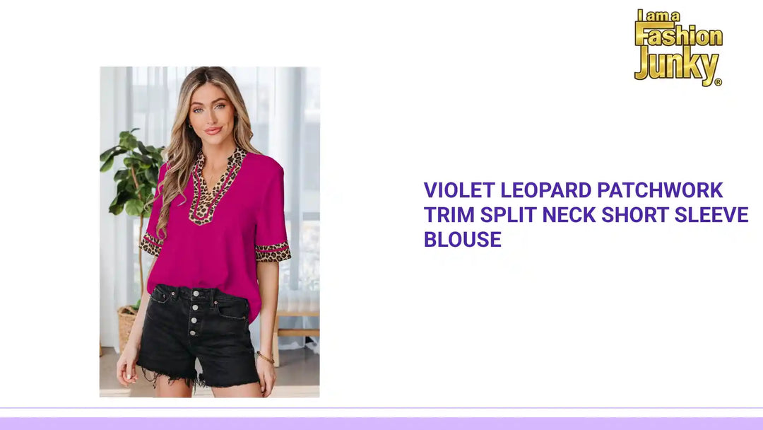 Violet Leopard Patchwork Trim Split Neck Short Sleeve Blouse by@Outfy