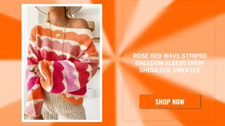 Rose Red Wave Striped Balloon Sleeve Drop Shoulder Sweater by@Outfy