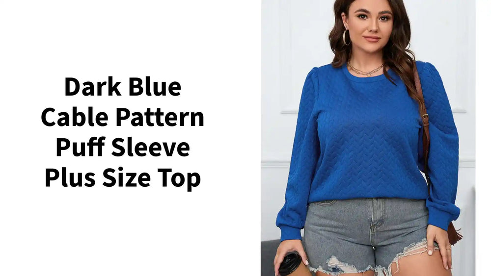 Dark Blue Cable Pattern Puff Sleeve Plus Size Top by@Outfy