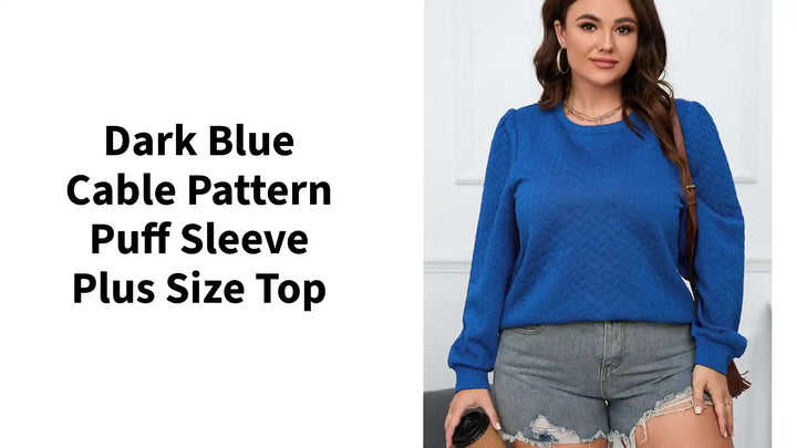 Dark Blue Cable Pattern Puff Sleeve Plus Size Top by@Outfy