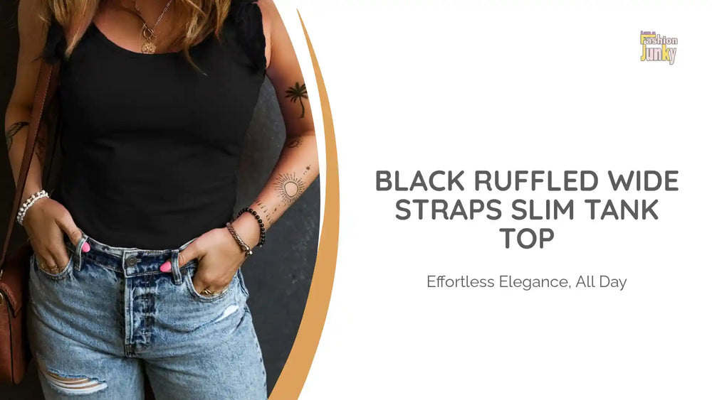 Black Ruffled Wide Straps Slim Tank Top by@Outfy