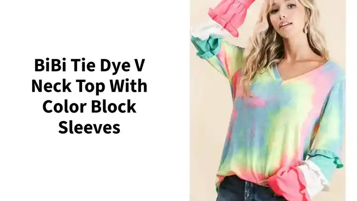 BiBi Tie Dye V Neck Top with Color Block Sleeves by@Outfy