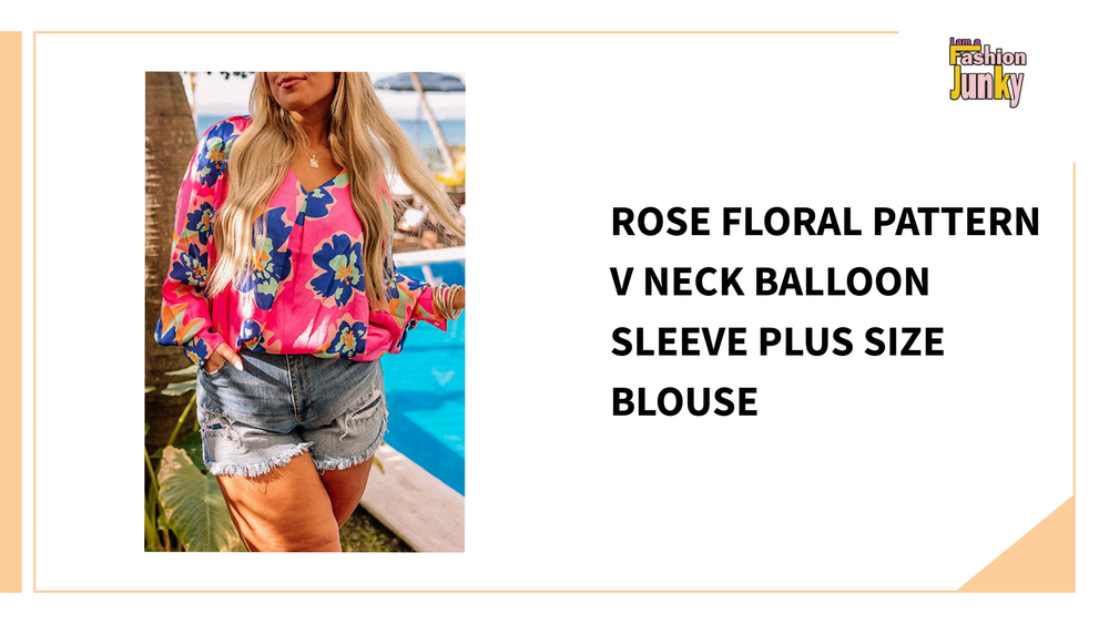 Rose Floral Pattern V Neck Balloon Sleeve Plus Size Blouse by@Outfy