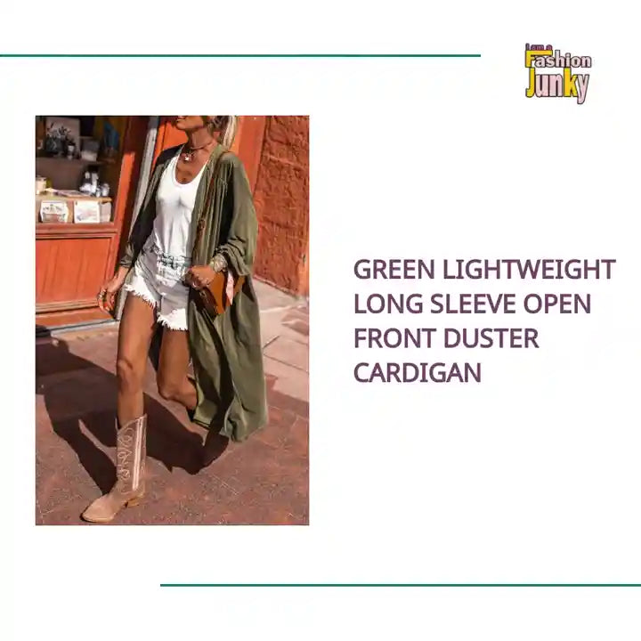 Green Lightweight Long Sleeve Open Front Duster Cardigan by@Outfy