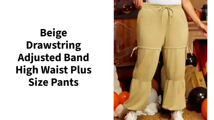 Beige Drawstring Adjusted Band High Waist Plus Size Pants by@Outfy