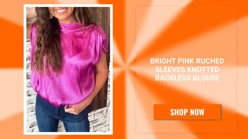 Bright Pink Ruched Sleeves Knotted Backless Blouse by@Outfy