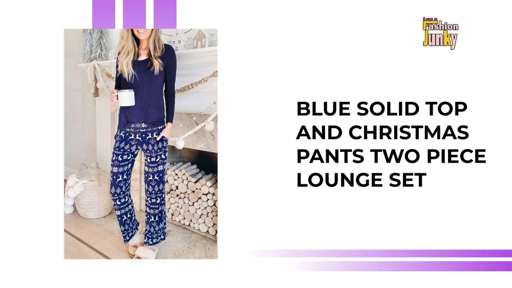 Blue Solid Top and Christmas Pants Two Piece Lounge Set by@Outfy