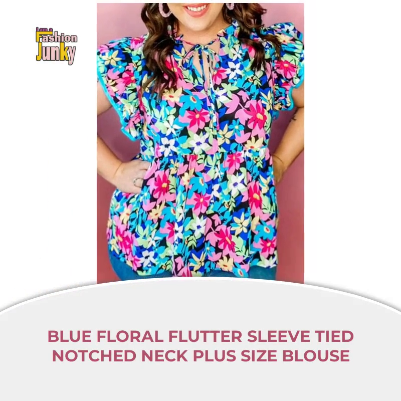 Blue Floral Flutter Sleeve Tied Notched Neck Plus Size Blouse by@Outfy