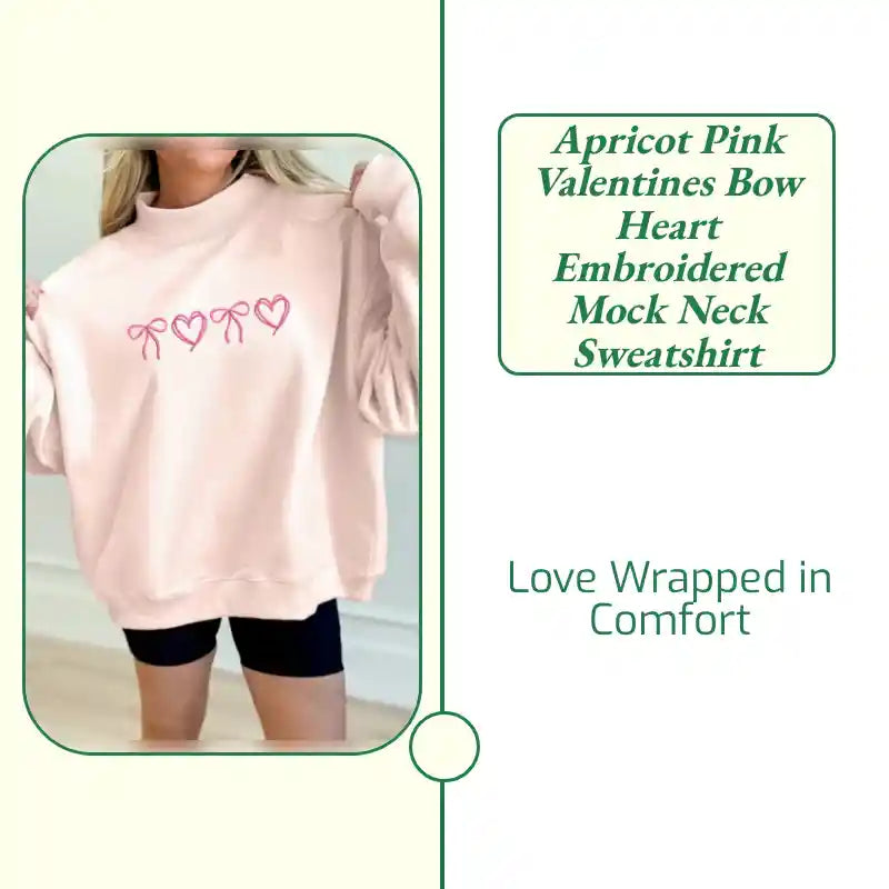Apricot Pink Valentines Bow Heart Embroidered Mock Neck Sweatshirt by@Outfy