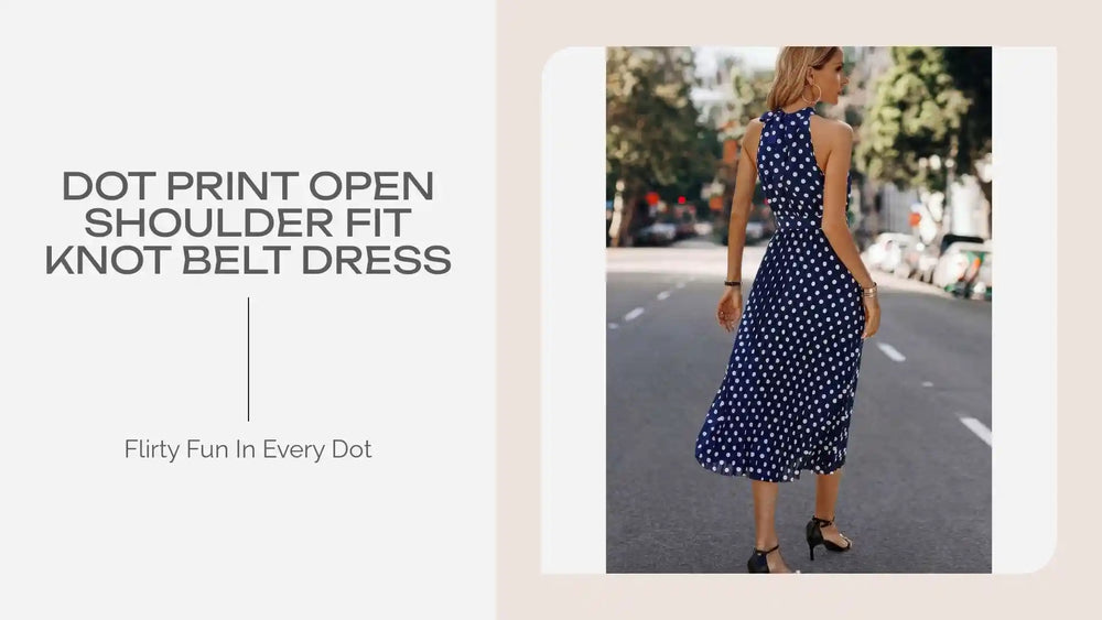 Dot Print Open Shoulder Fit Knot Belt Dress by@Outfy