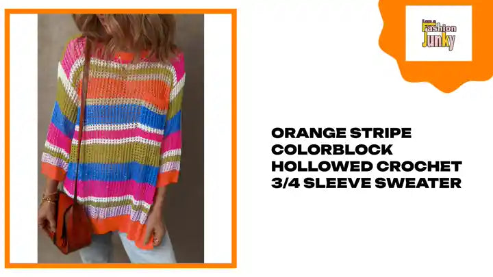 Orange Stripe Colorblock Hollowed Crochet 3/4 Sleeve Sweater by@Outfy