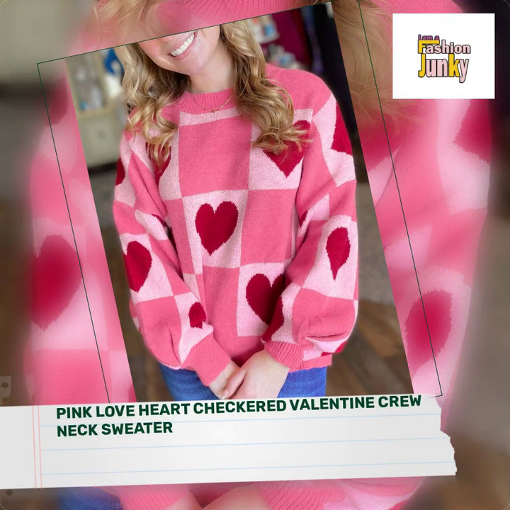 Pink Love Heart Checkered Valentine Crew Neck Sweater by@Outfy