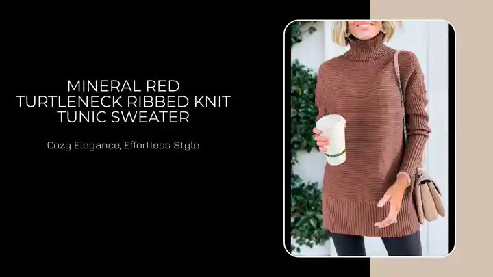 Mineral Red Turtleneck Ribbed Knit Tunic Sweater by@Outfy