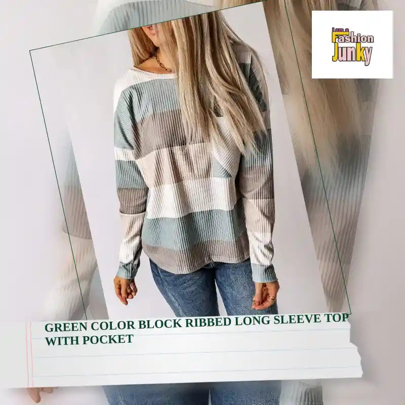 Green Color Block Ribbed Long Sleeve Top with Pocket by@Outfy