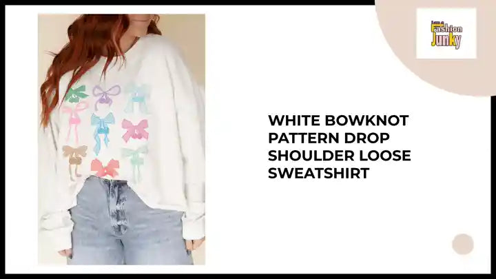White Bowknot Pattern Drop Shoulder Loose Sweatshirt by@Outfy