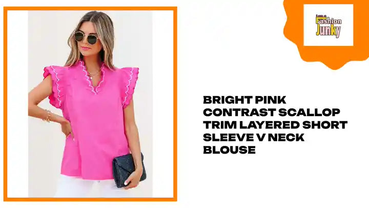 Bright Pink Contrast Scallop Trim Layered Short Sleeve V Neck Blouse by@Outfy