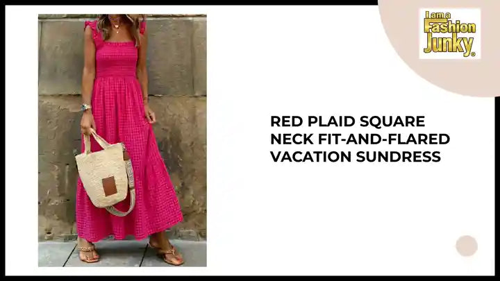 Red Plaid Square Neck Fit-and-flared Vacation Sundress by@Outfy