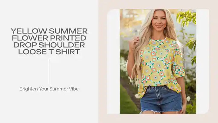 Yellow Summer Flower Printed Drop Shoulder Loose T Shirt by@Outfy
