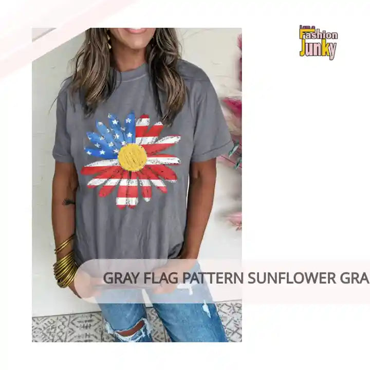 Gray Flag Pattern Sunflower Graphic Crew Neck Tee by@Outfy
