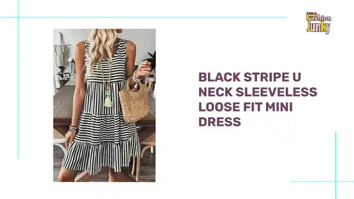 Black Stripe U Neck Sleeveless Loose Fit Mini Dress by@Outfy