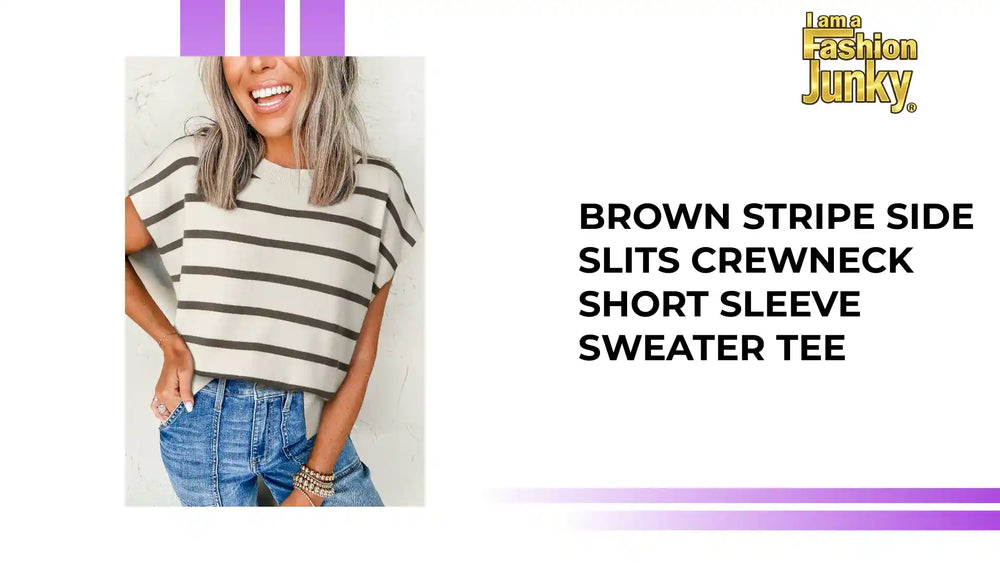 Brown Stripe Side Slits Crewneck Short Sleeve Sweater Tee by@Outfy