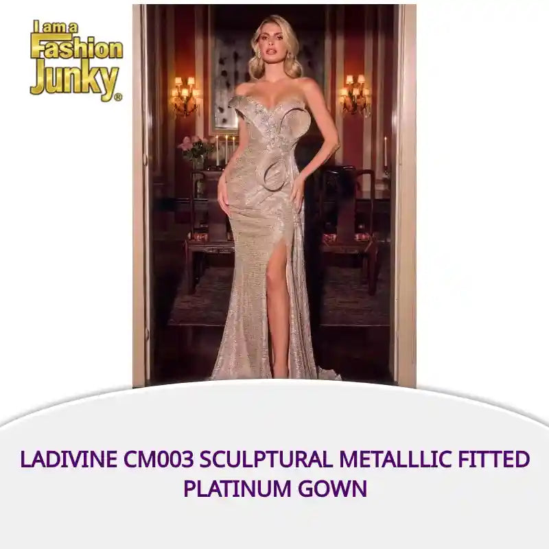 Ladivine CM003 Sculptural Metalllic Fitted Platinum Gown by@Outfy