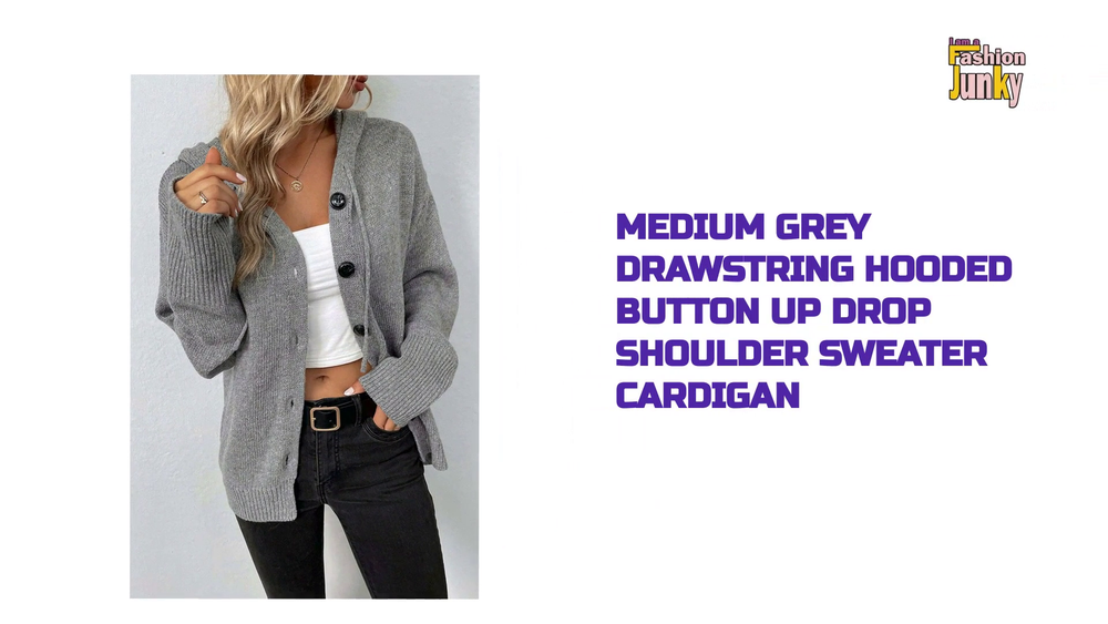 Medium Grey Drawstring Hooded Button Up Drop Shoulder Sweater Cardigan by@Outfy