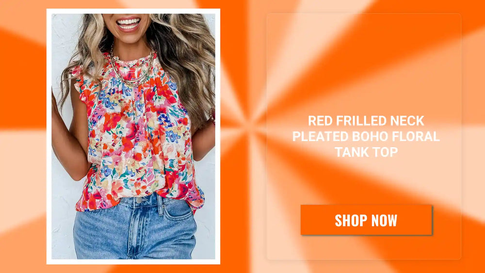 Red Frilled Neck Pleated Boho Floral Tank Top by@Outfy
