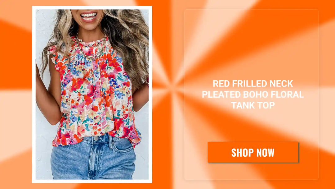 Red Frilled Neck Pleated Boho Floral Tank Top by@Outfy
