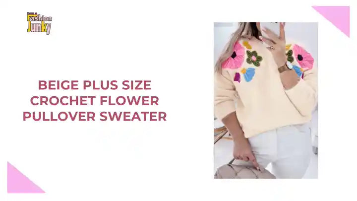 Beige Plus Size Crochet Flower Pullover Sweater by@Outfy