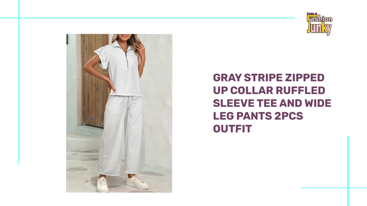 Gray Stripe Zipped up Collar Ruffled Sleeve Tee and Wide Leg Pants 2pcs Outfit by@Outfy