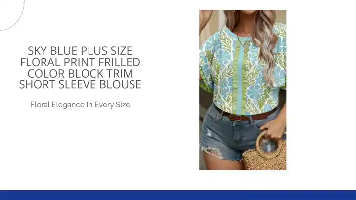 Sky Blue Plus Size Floral Print Frilled Color Block Trim Short Sleeve Blouse by@Outfy