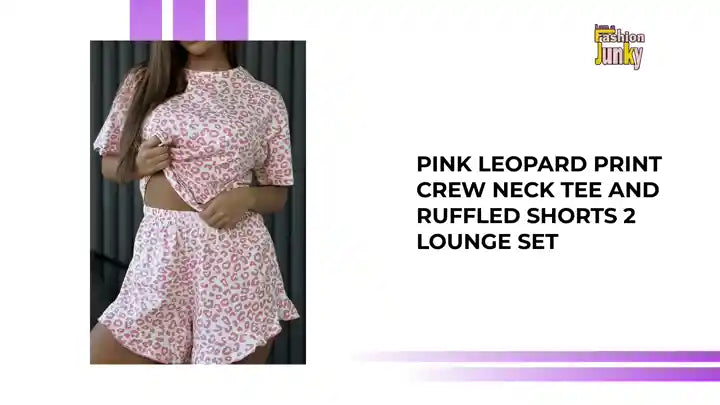 Pink Leopard Print Crew Neck Tee and Ruffled Shorts 2 Lounge Set by@Outfy