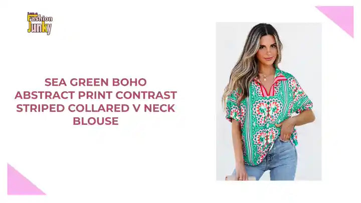 Sea Green Boho Abstract Print Contrast Striped Collared V Neck Blouse by@Outfy